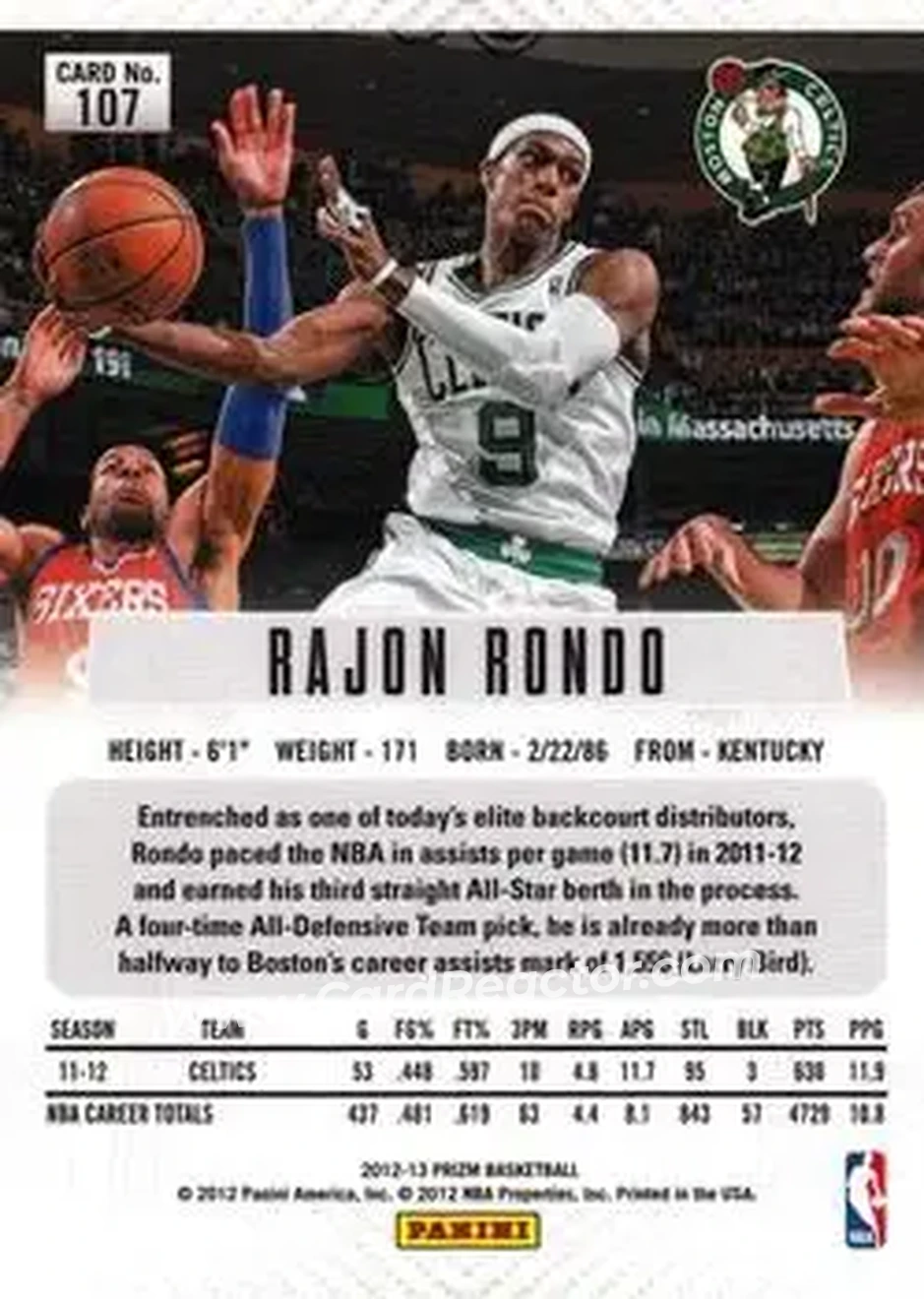 2012-13 Panini Prizm #107 - Rajon Rondo - Boston Celtics - Back
