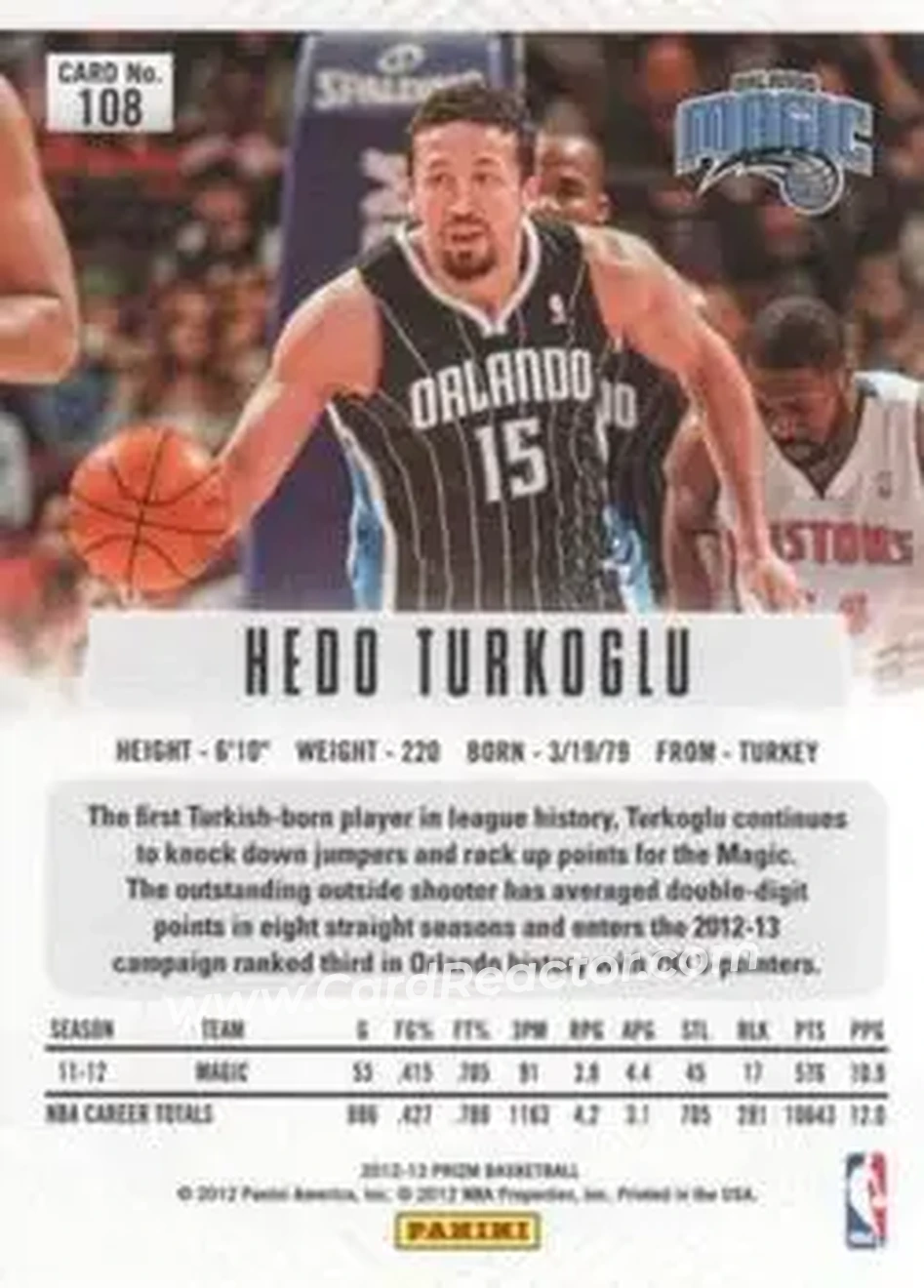 2012-13 Panini Prizm #108 - Hedo Turkoglu - Orlando Magic - Back