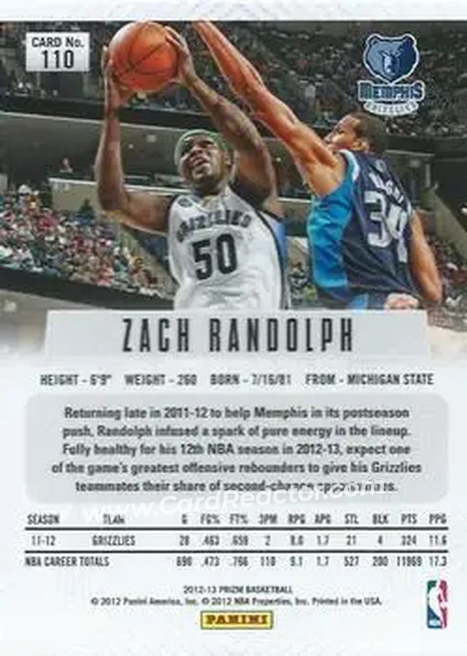 2012-13 Panini Prizm #110 - Zach Randolph - Memphis Grizzlies - Back 2012-13 Panini Prizm #110 - Zach Randolph - Memphis Grizzlies - Back