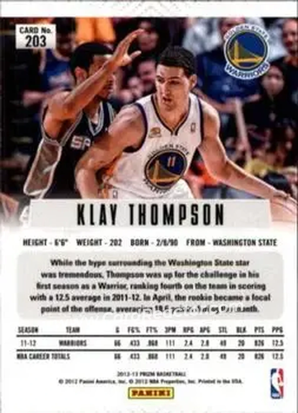 2012-13 Panini Prizm #203 - Klay Thompson - Golden State Warriors - Back