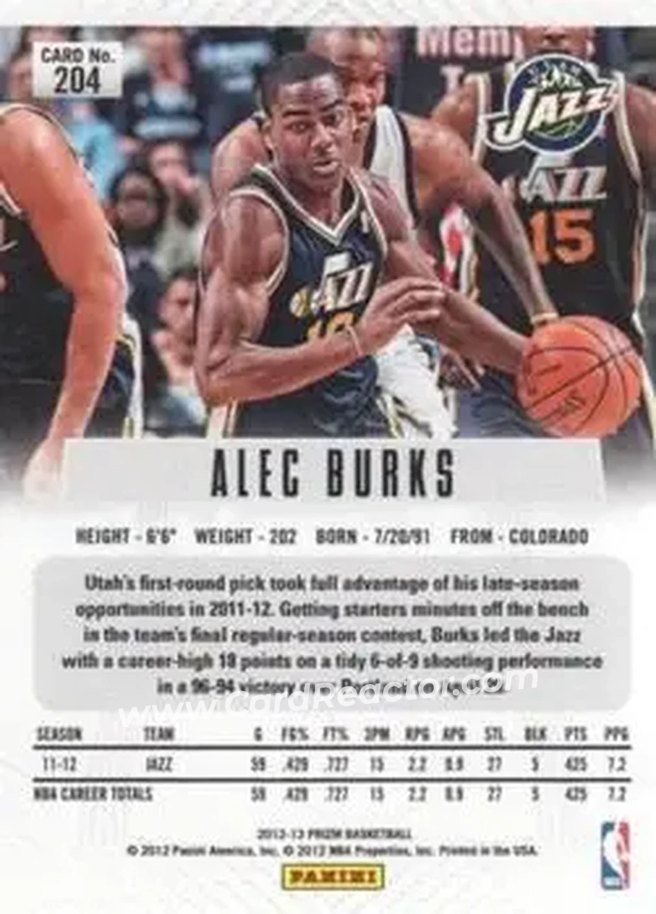 2012-13 Panini Prizm #204 - Alec Burks - Utah Jazz - Back 2012-13 Panini Prizm #204 - Alec Burks - Utah Jazz - Back
