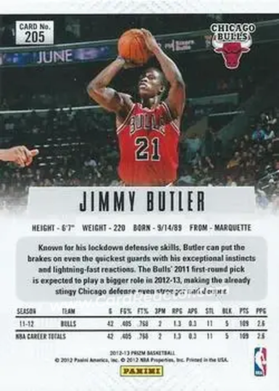 2012-13 Panini Prizm #205 - Jimmy Butler - Chicago Bulls - Back