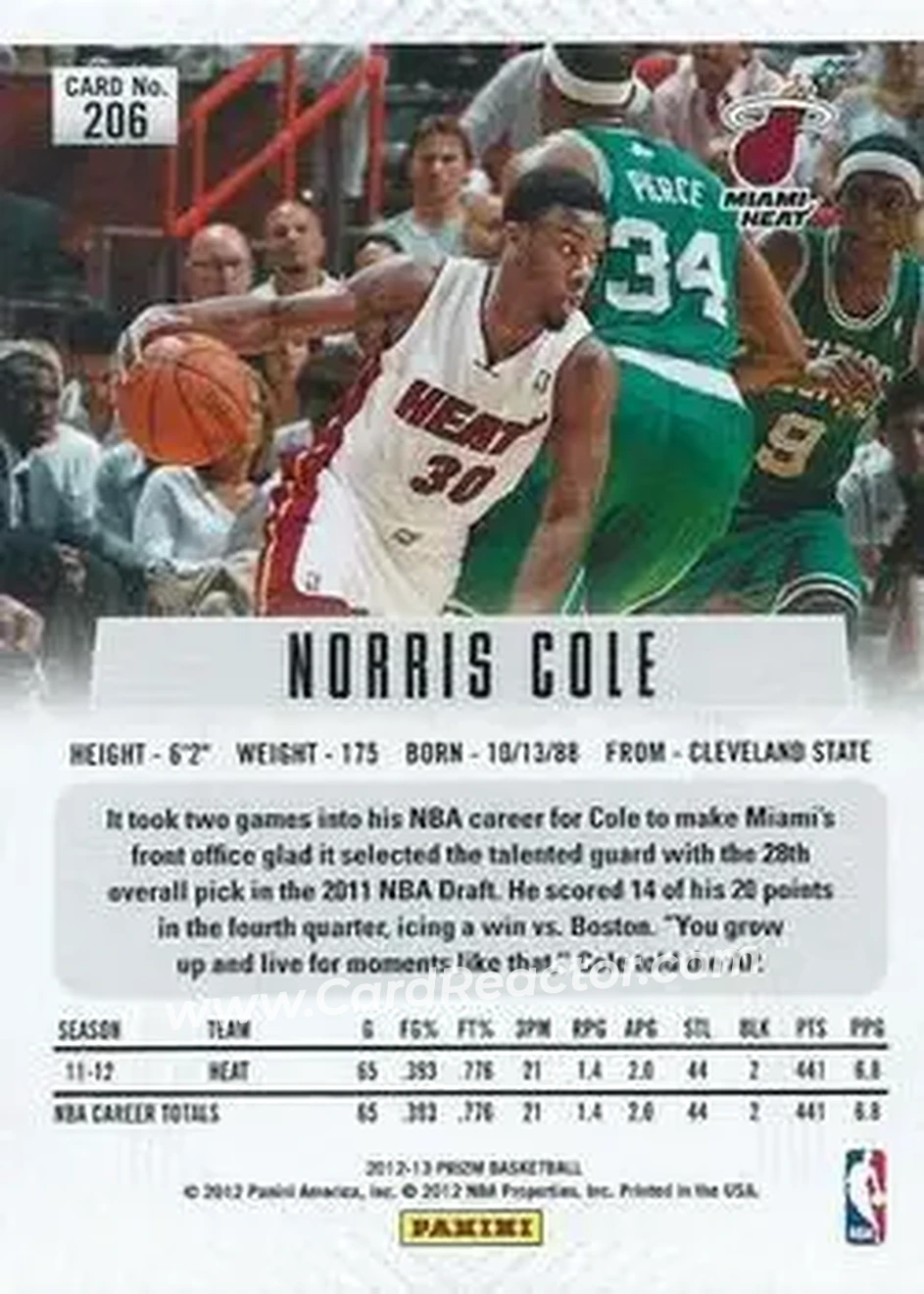 2012-13 Panini Prizm #206 - Norris Cole - Miami Heat - Back 2012-13 Panini Prizm #206 - Norris Cole - Miami Heat - Back