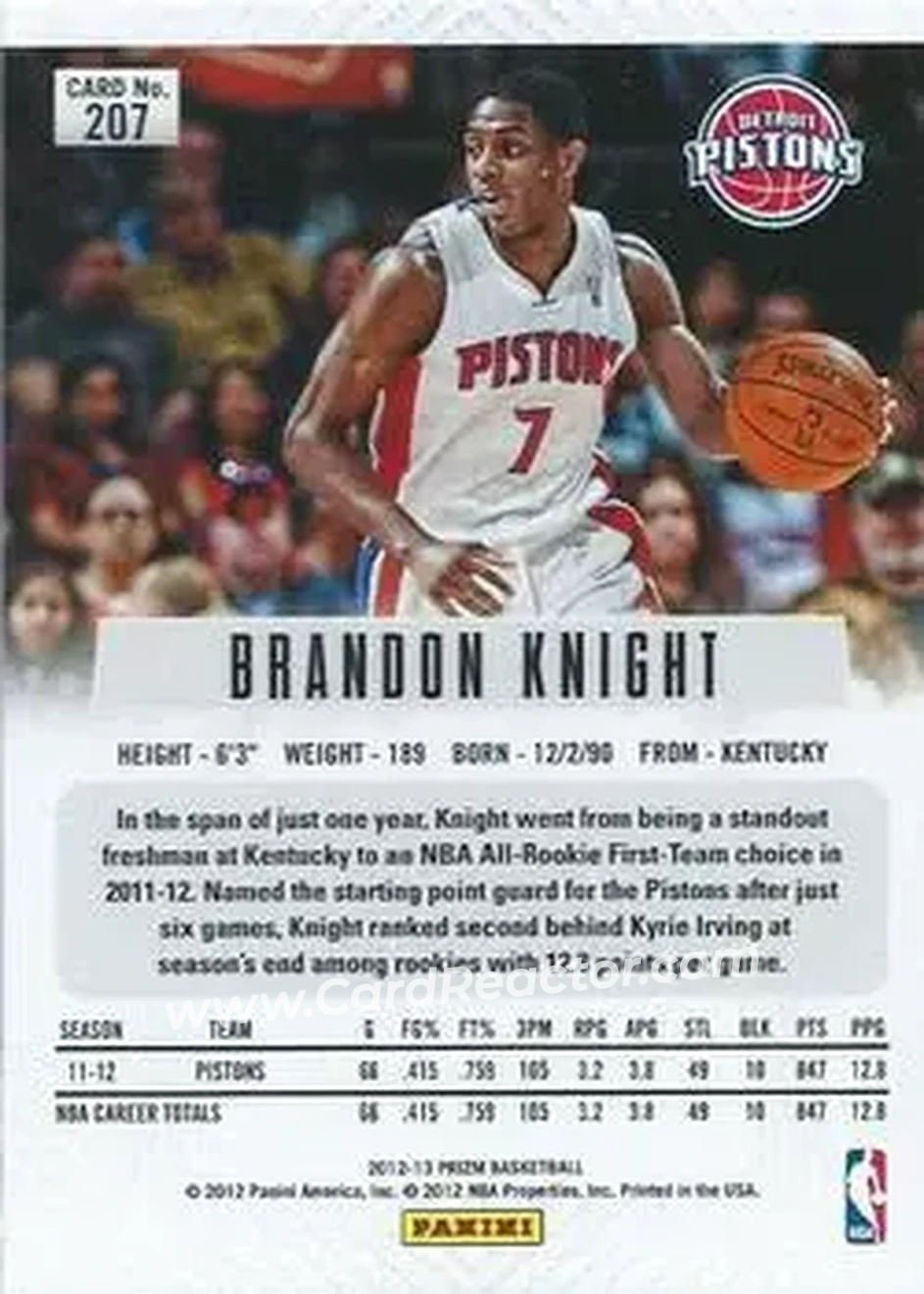 2012-13 Panini Prizm #207 - Brandon Knight - Detroit Pistons - Back