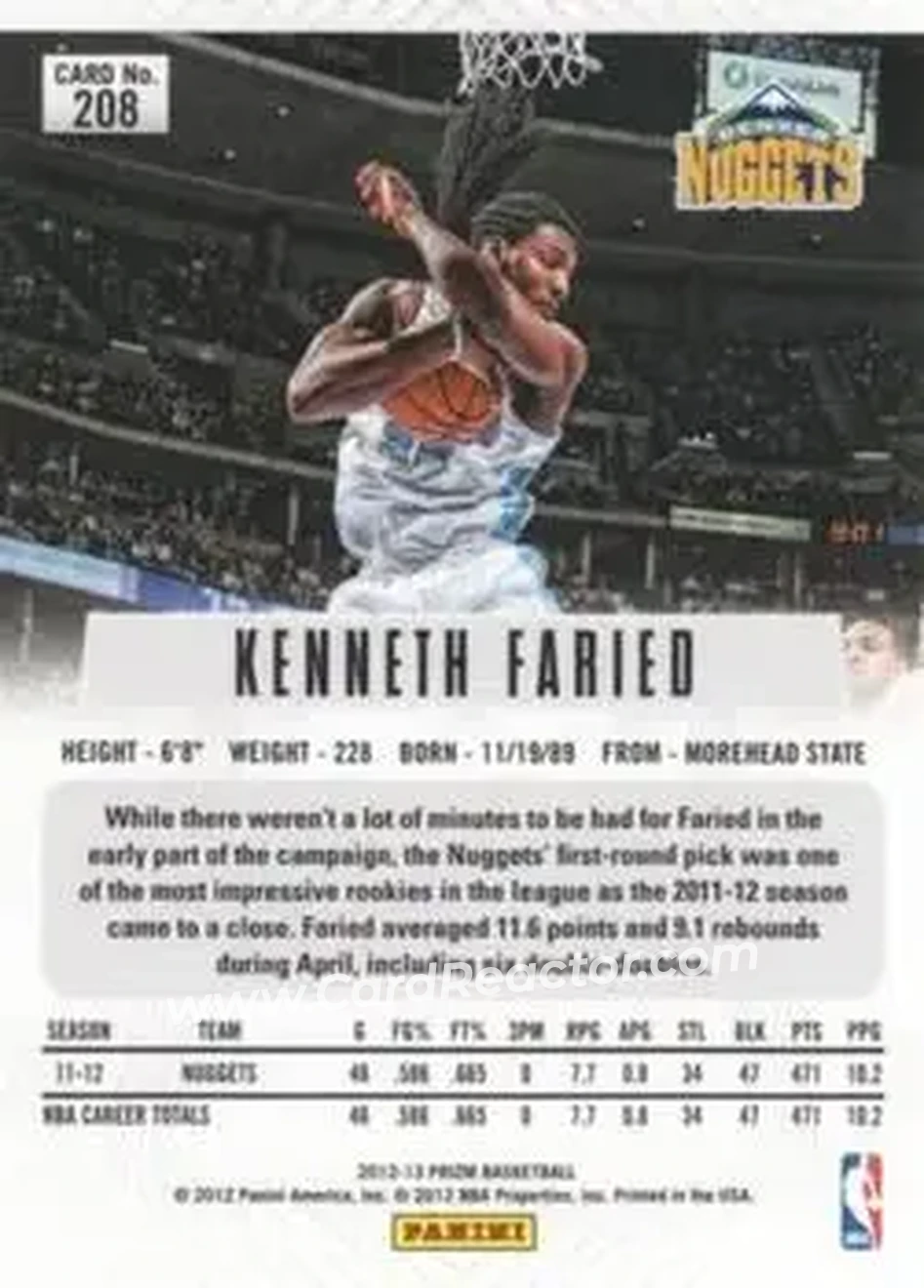 2012-13 Panini Prizm #208 - Kenneth Faried - Denver Nuggets - Back
