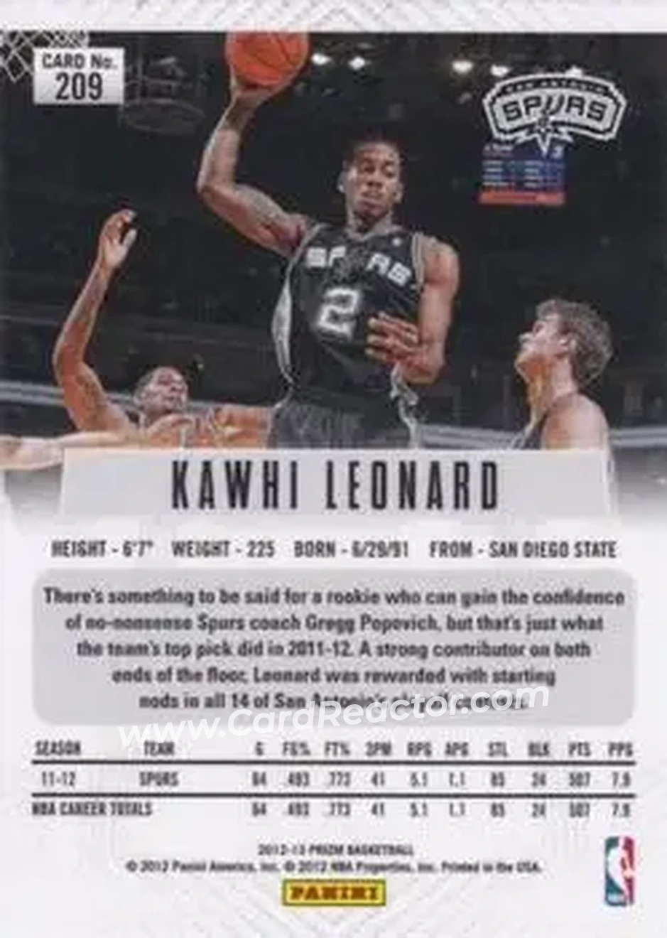 2012-13 Panini Prizm #209 - Kawhi Leonard - San Antonio Spurs - Back