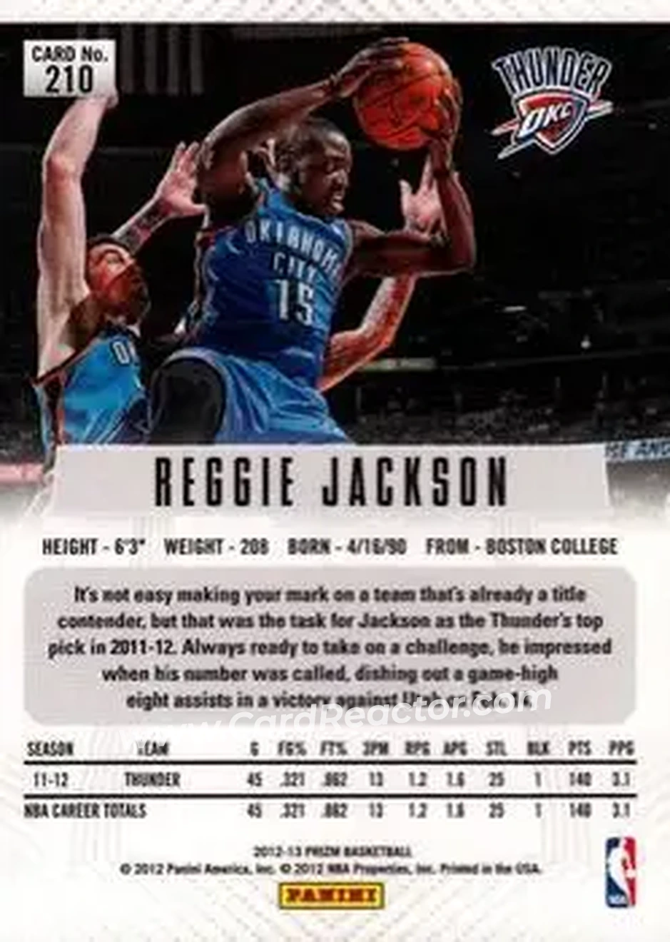 2012-13 Panini Prizm #210 - Reggie Jackson - Oklahoma City Thunder - Back