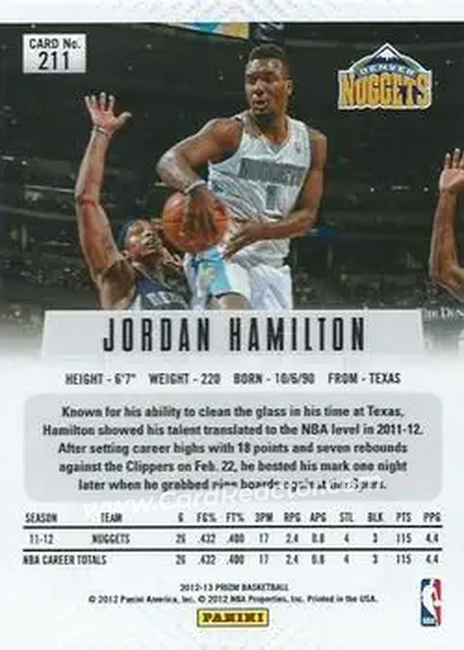 2012-13 Panini Prizm #211 - Jordan Hamilton - Denver Nuggets - Back 2012-13 Panini Prizm #211 - Jordan Hamilton - Denver Nuggets - Back