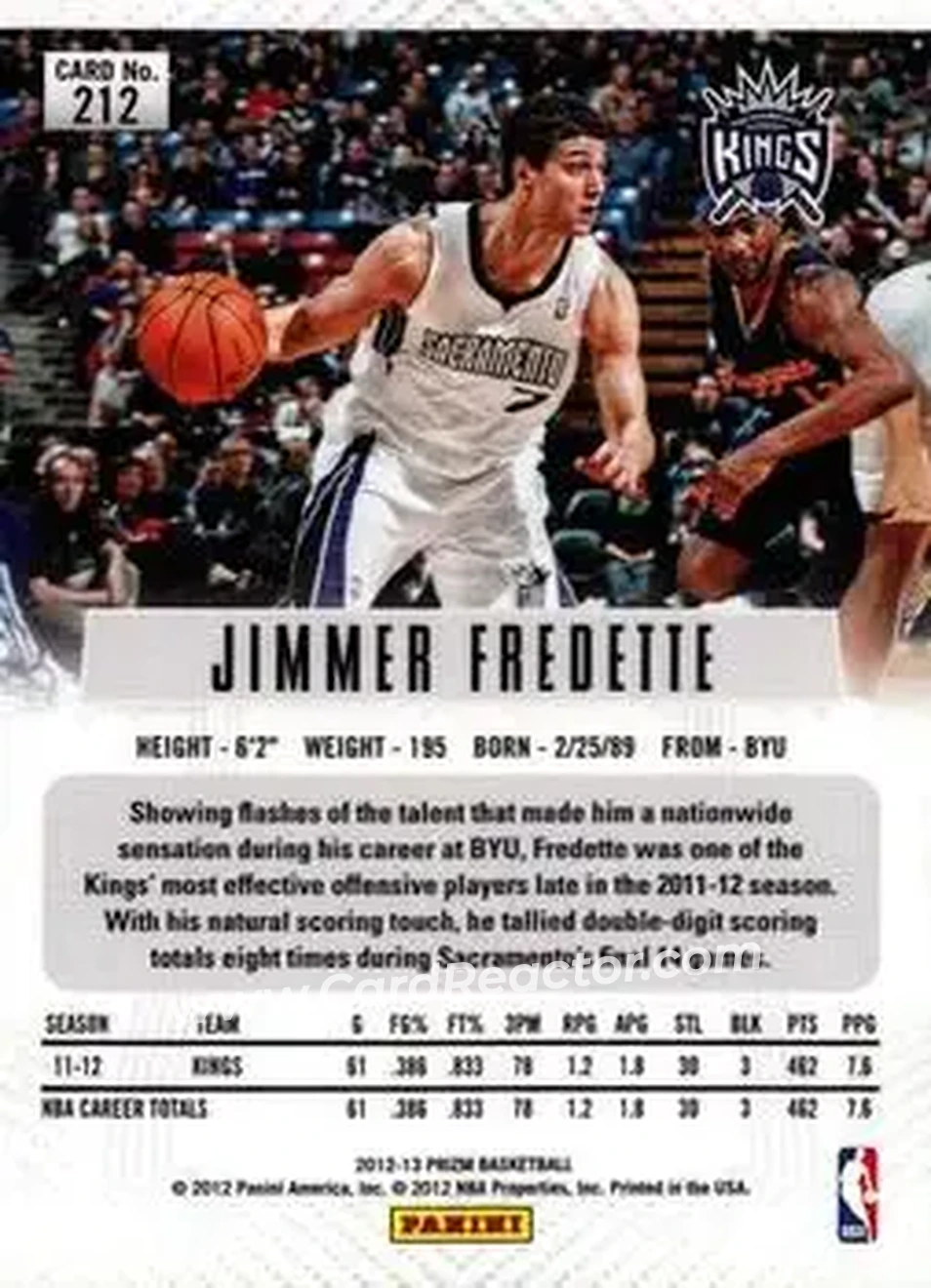 2012-13 Panini Prizm #212 - Jimmer Fredette - Sacramento Kings - Back 2012-13 Panini Prizm #212 - Jimmer Fredette - Sacramento Kings - Back