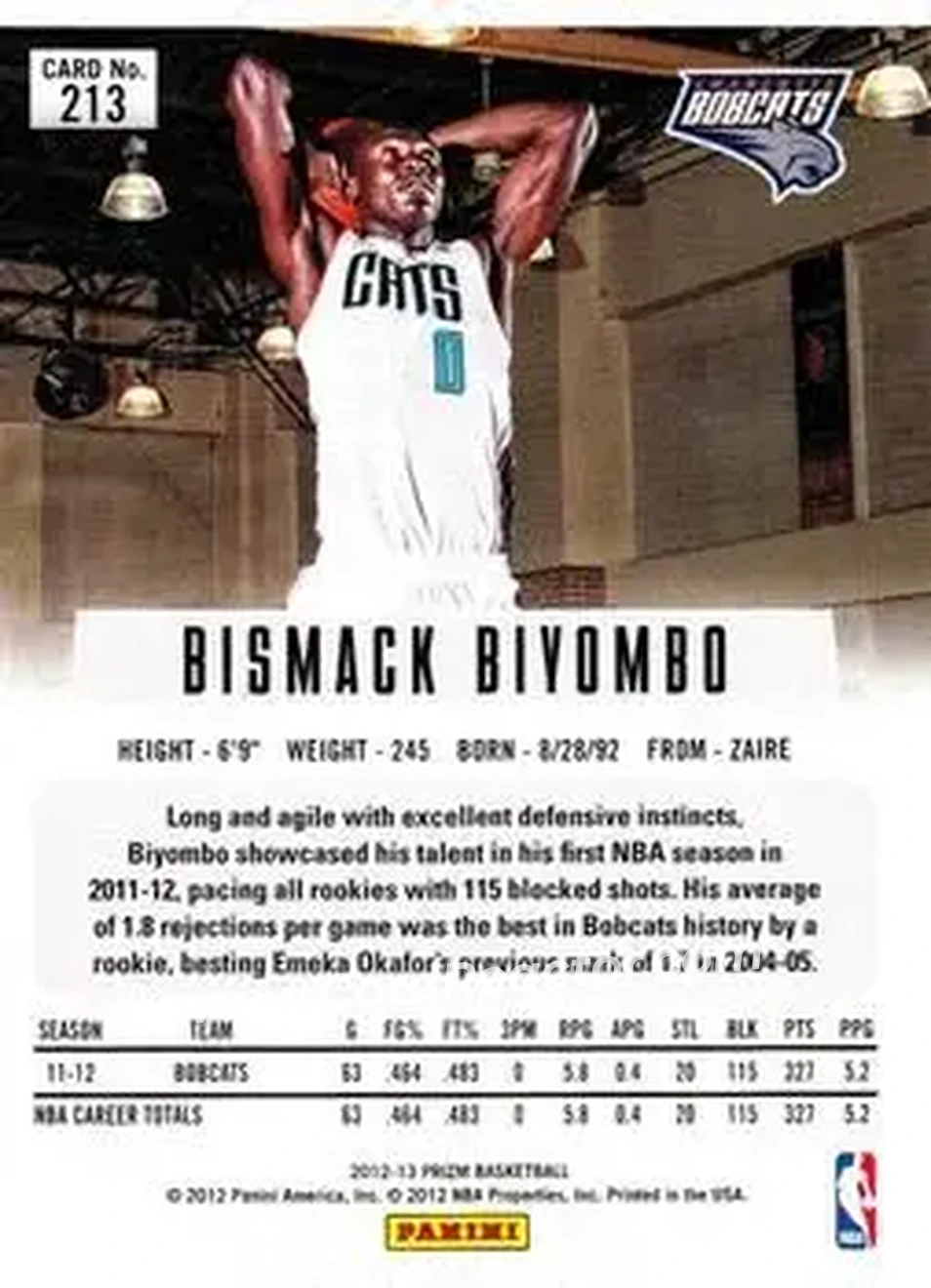 2012-13 Panini Prizm #213 - Bismack Biyombo - Charlotte Bobcats - Back