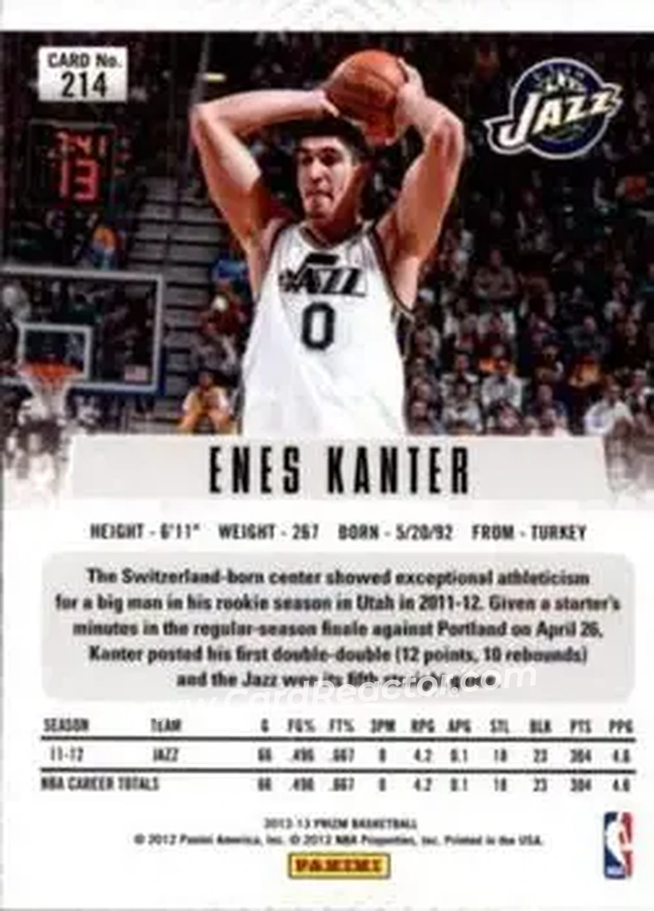 2012-13 Panini Prizm #214 - Enes Kanter - Utah Jazz - Back