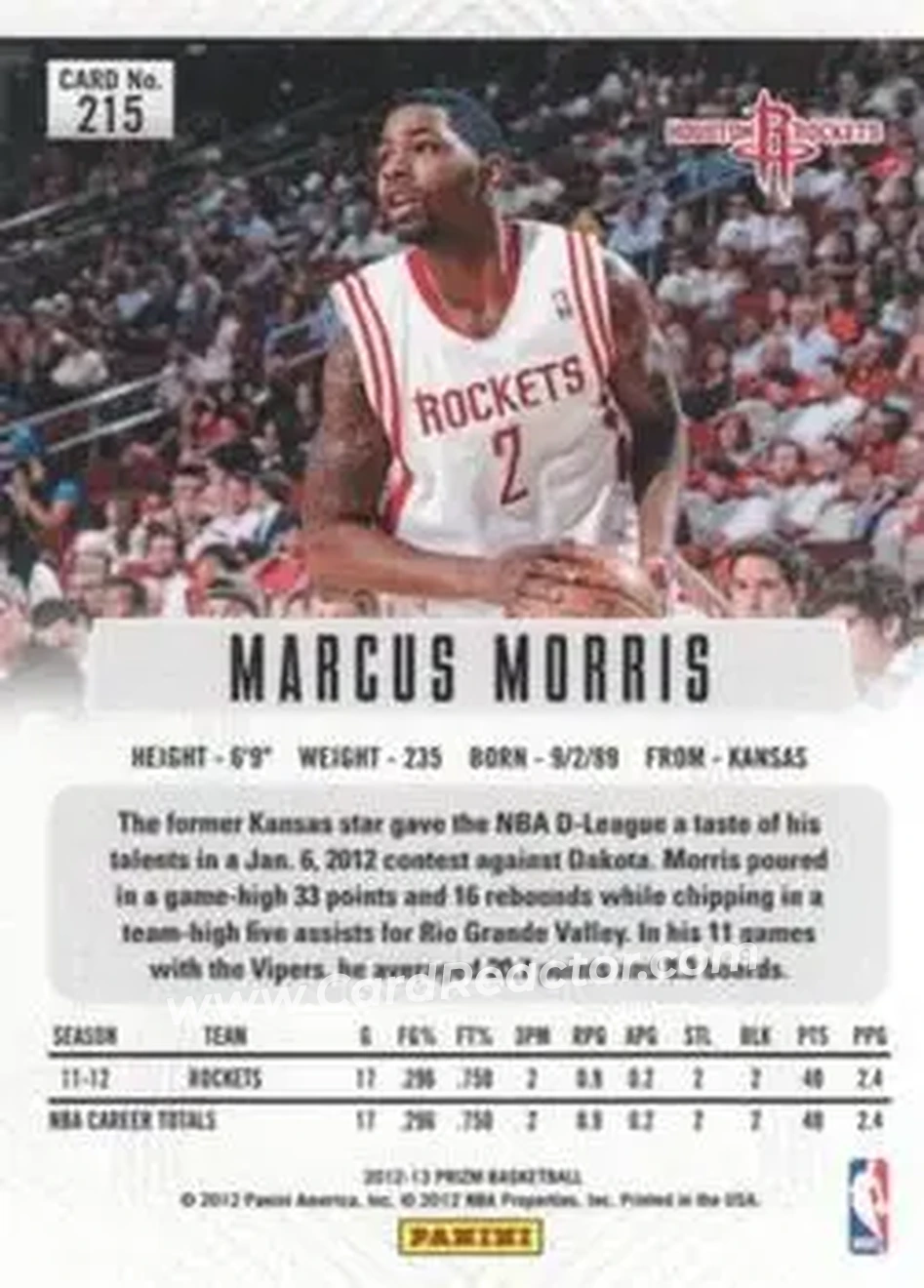 2012-13 Panini Prizm #215 - Marcus Morris Sr. - Houston Rockets - Back