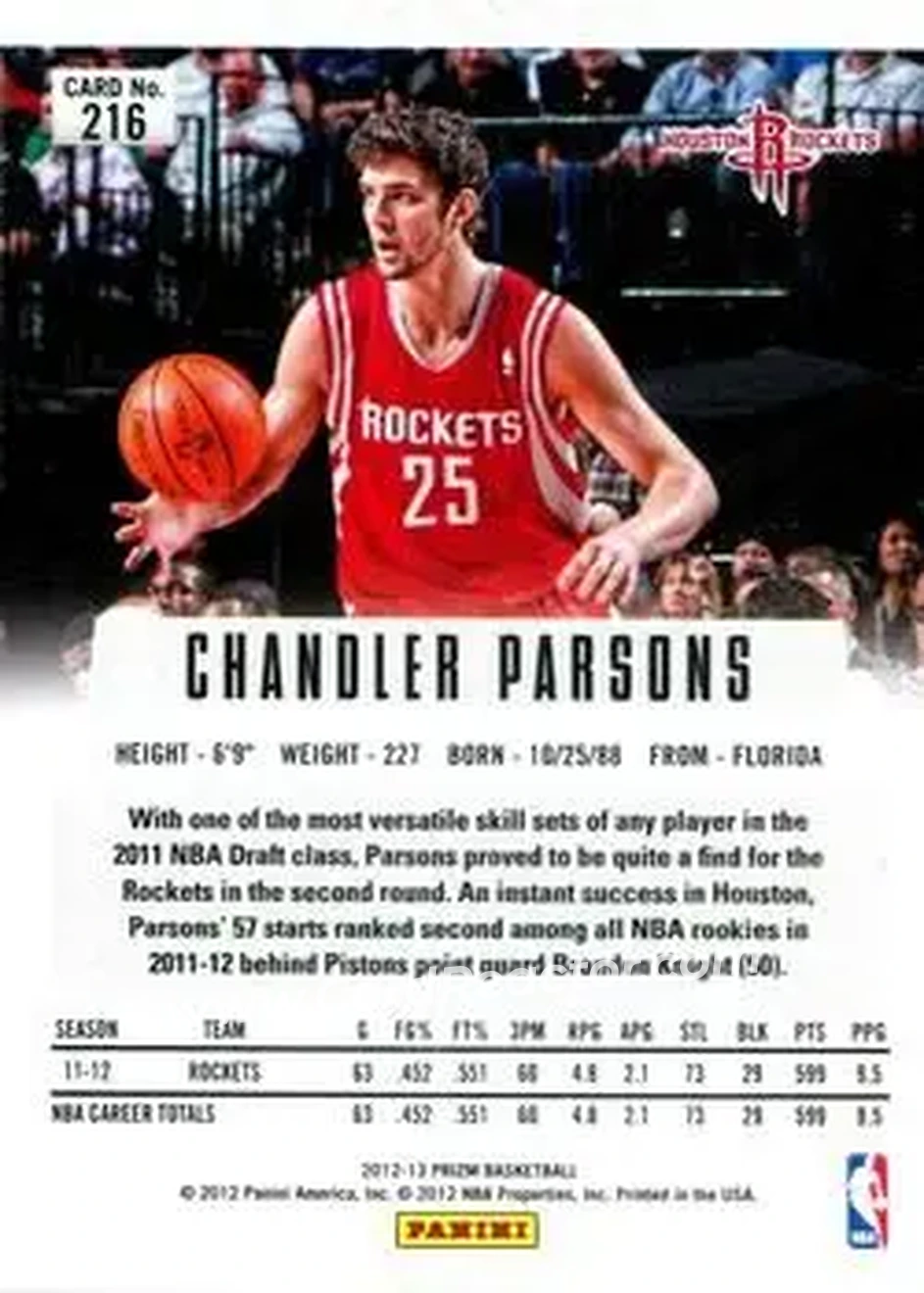 2012-13 Panini Prizm #216 - Chandler Parsons - Houston Rockets - Back