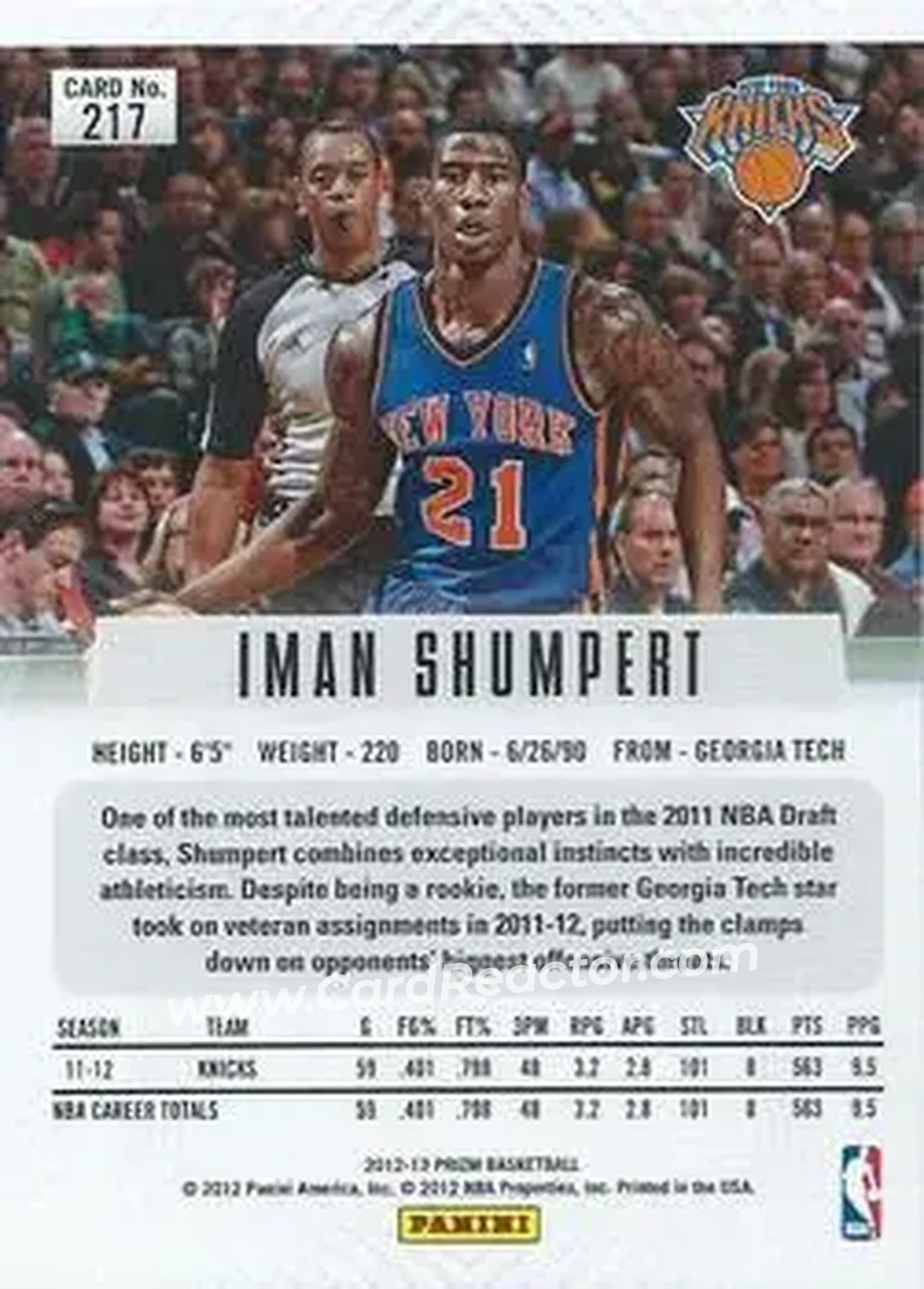 2012-13 Panini Prizm #217 - Iman Shumpert - New York Knicks - Back 2012-13 Panini Prizm #217 - Iman Shumpert - New York Knicks - Back