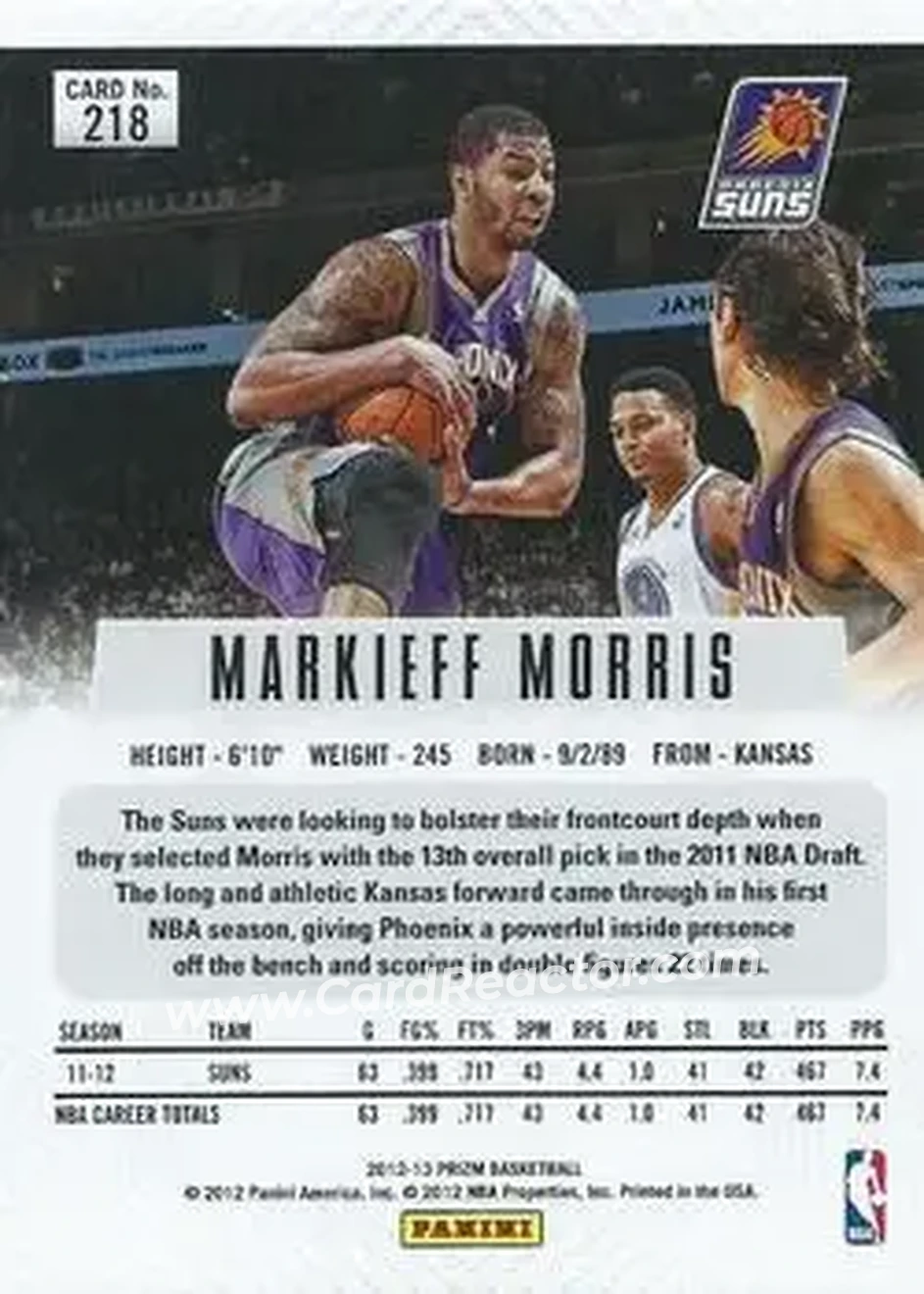2012-13 Panini Prizm #218 - Markieff Morris - Phoenix Suns - Back