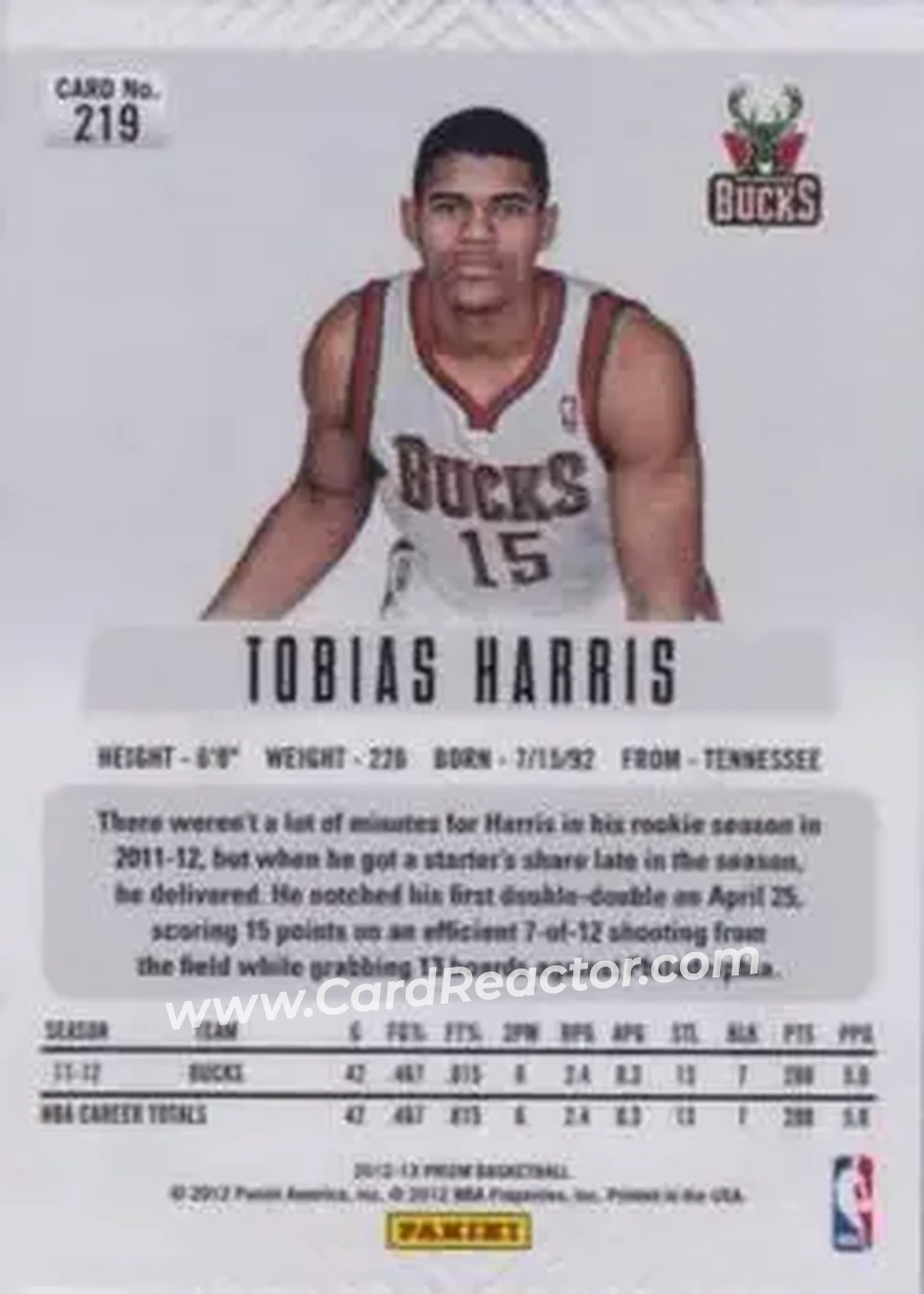2012-13 Panini Prizm #219 - Tobias Harris - Milwaukee Bucks - Back