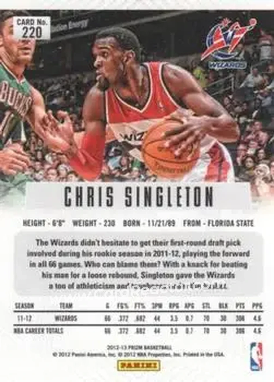 2012-13 Panini Prizm #220 - Chris Singleton - Washington Wizards - Back 2012-13 Panini Prizm #220 - Chris Singleton - Washington Wizards - Back