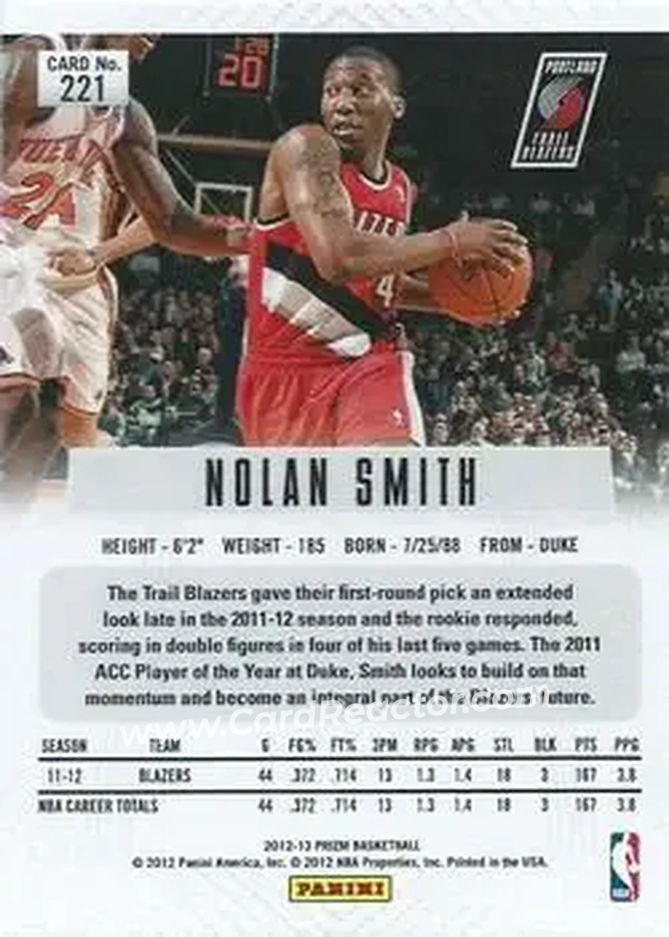 2012-13 Panini Prizm #221 - Nolan Smith - Portland Trail Blazers - Back