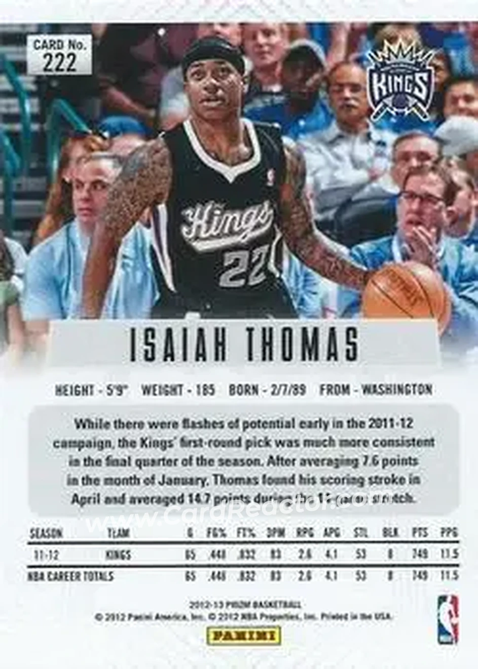 2012-13 Panini Prizm #222 - Isaiah Thomas - Sacramento Kings - Back