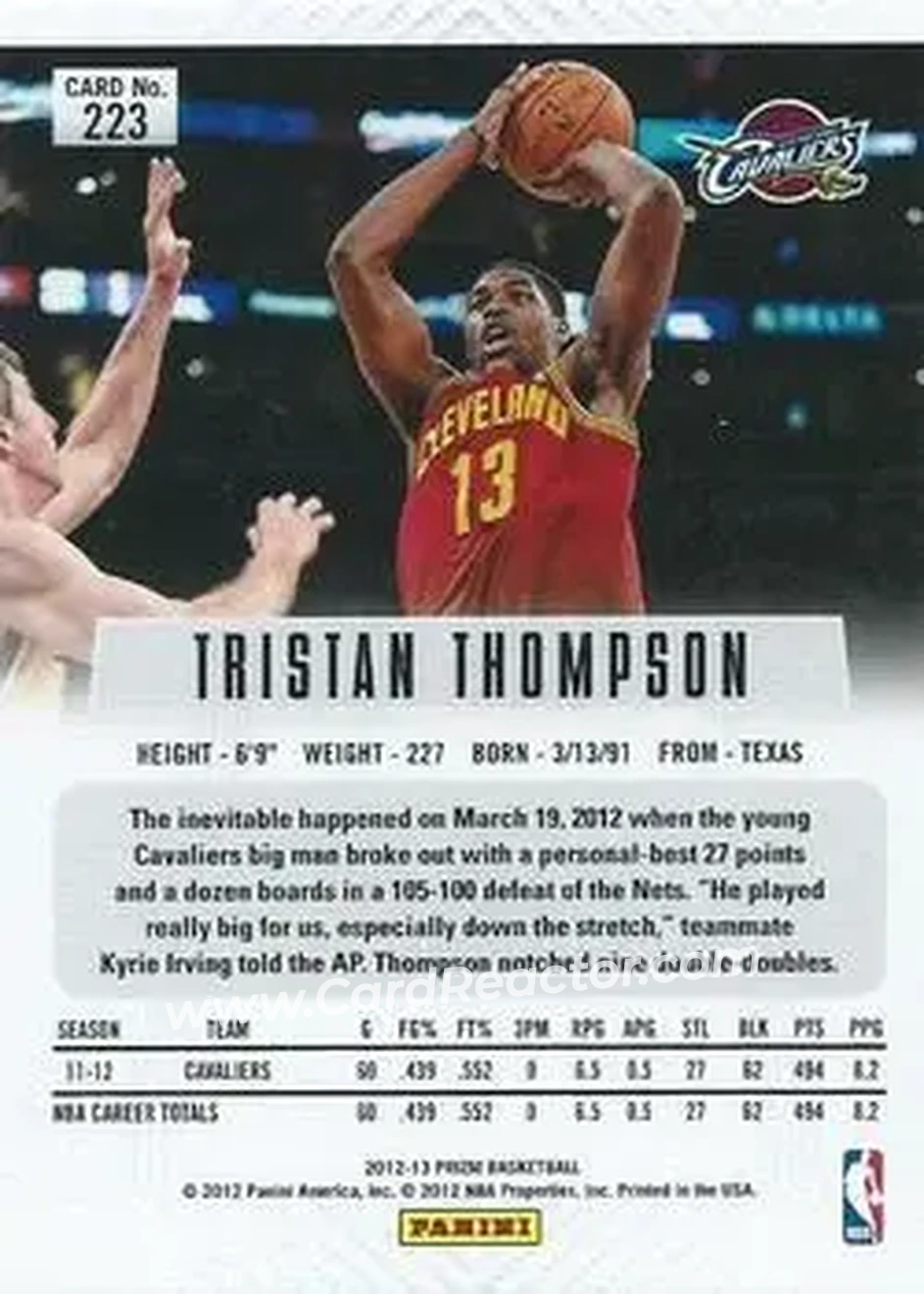 2012-13 Panini Prizm #223 - Tristan Thompson - Cleveland Cavaliers - Back