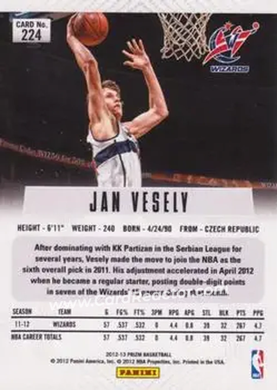 2012-13 Panini Prizm #224 - Jan Veselý - Washington Wizards - Back
