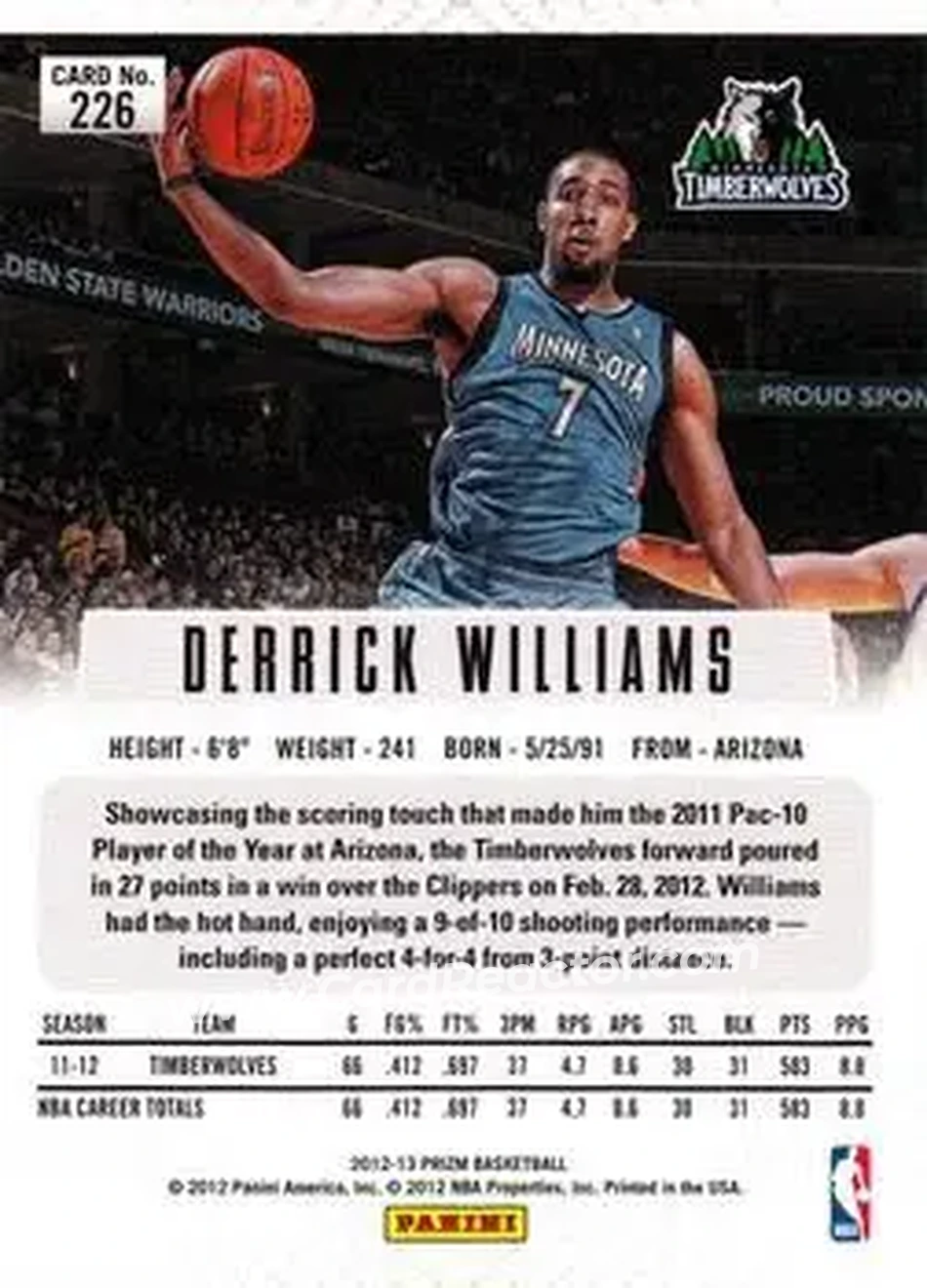 2012-13 Panini Prizm #226 - Derrick Williams - Minnesota Timberwolves - Back