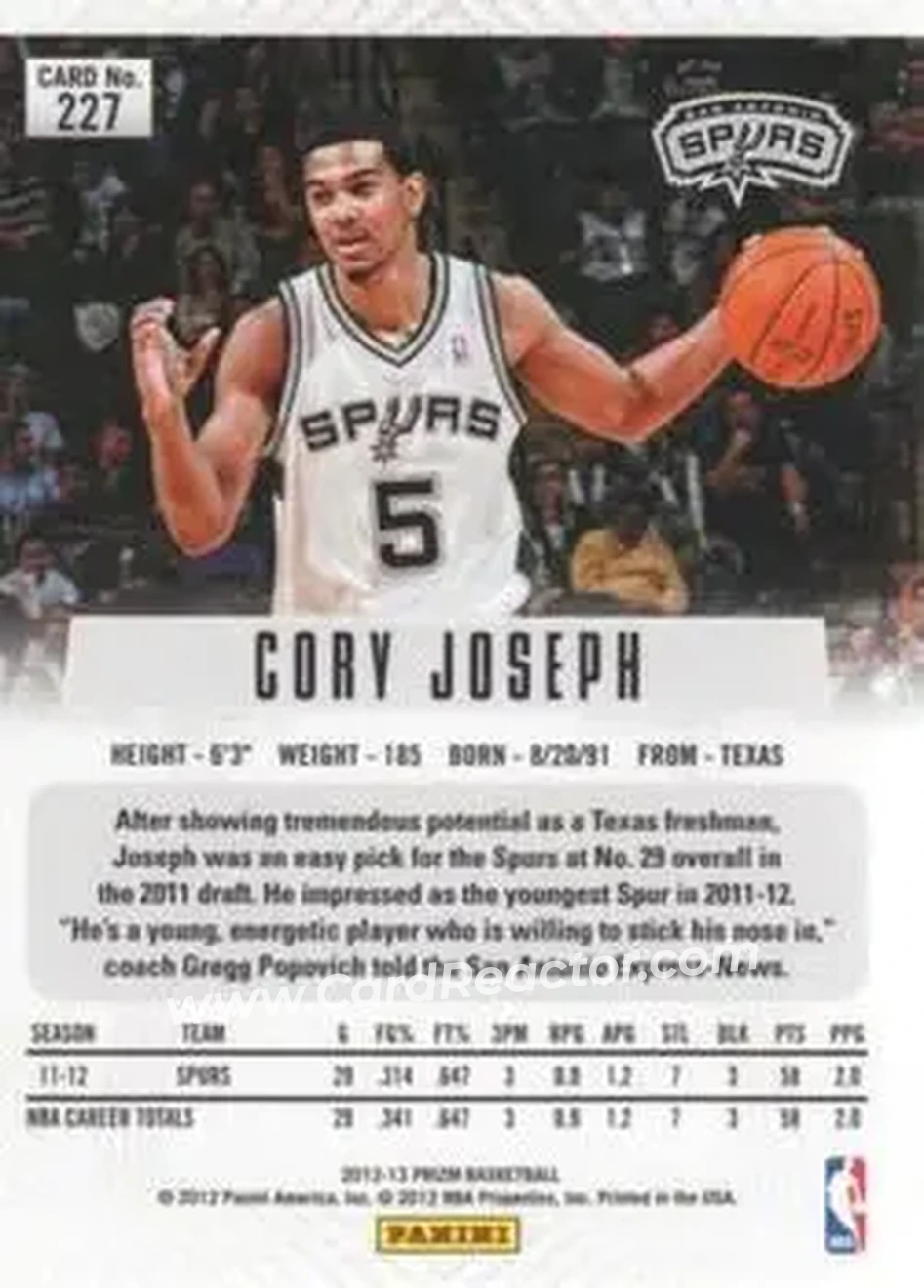 2012-13 Panini Prizm #227 - Cory Joseph - San Antonio Spurs - Back
