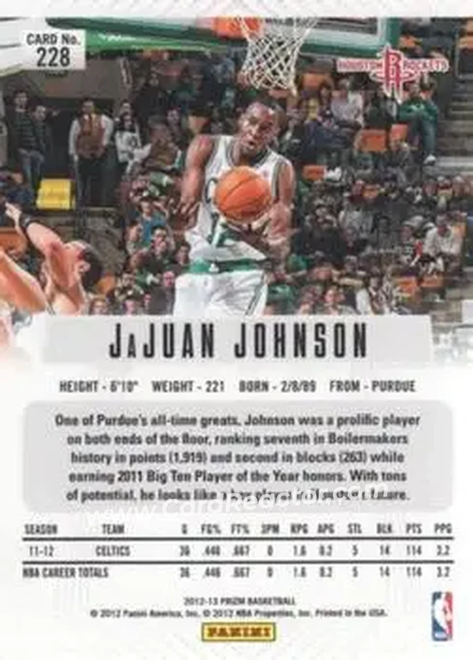2012-13 Panini Prizm #228 - JaJuan Johnson - Houston Rockets - Back 2012-13 Panini Prizm #228 - JaJuan Johnson - Houston Rockets - Back