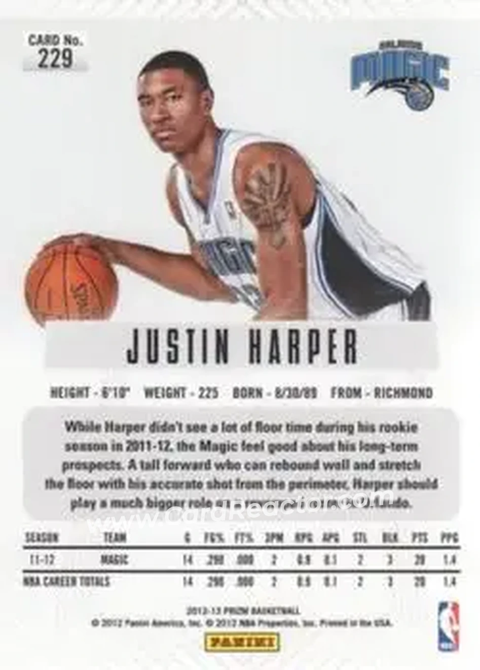 2012-13 Panini Prizm #229 - Justin Harper - Orlando Magic - Back 2012-13 Panini Prizm #229 - Justin Harper - Orlando Magic - Back