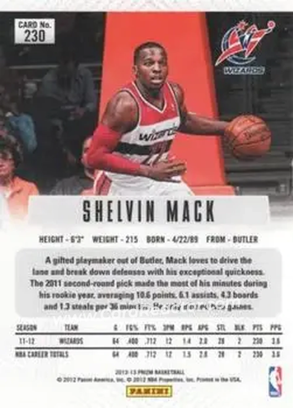 2012-13 Panini Prizm #230 - Shelvin Mack - Washington Wizards - Back 2012-13 Panini Prizm #230 - Shelvin Mack - Washington Wizards - Back