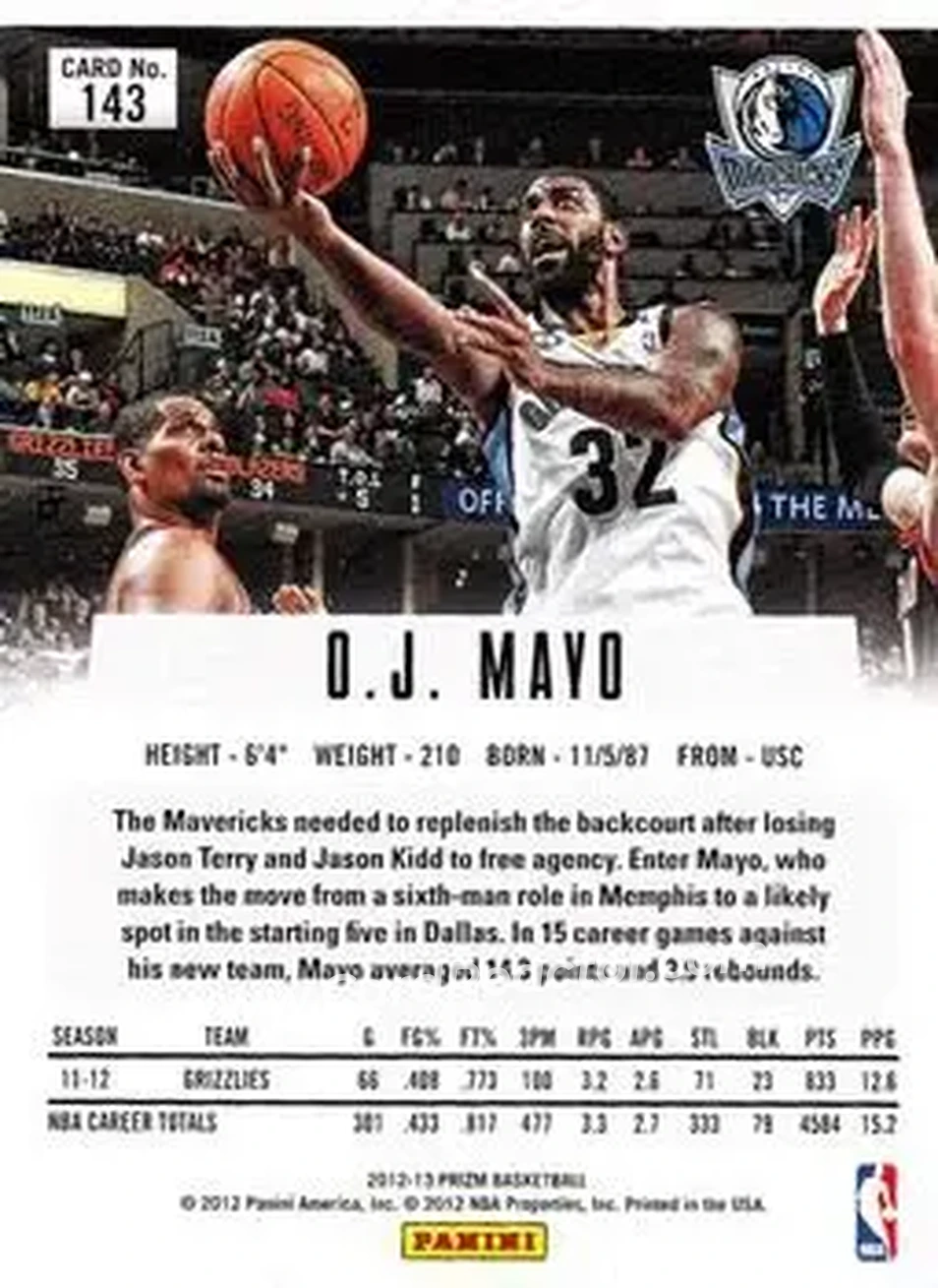 2012-13 Panini Prizm #143 - O.J. Mayo - Dallas Mavericks - Back