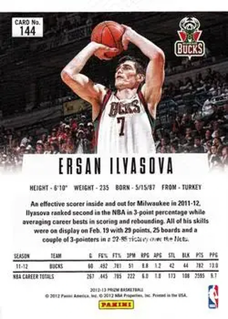 2012-13 Panini Prizm #144 - Ersan İlyasova - Milwaukee Bucks - Back