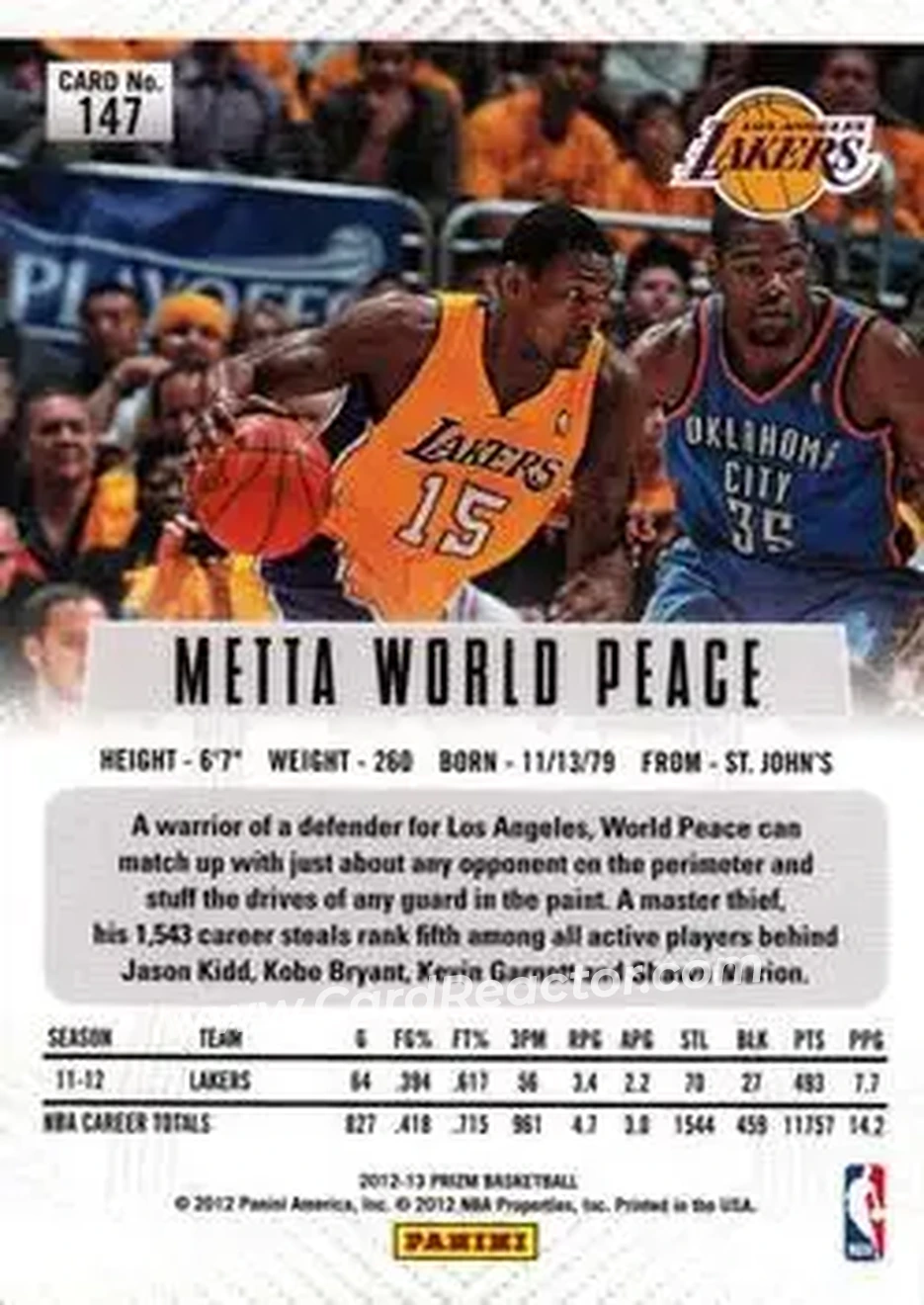 2012-13 Panini Prizm #147 - Metta World Peace - Los Angeles Lakers - Back 2012-13 Panini Prizm #147 - Metta World Peace - Los Angeles Lakers - Back