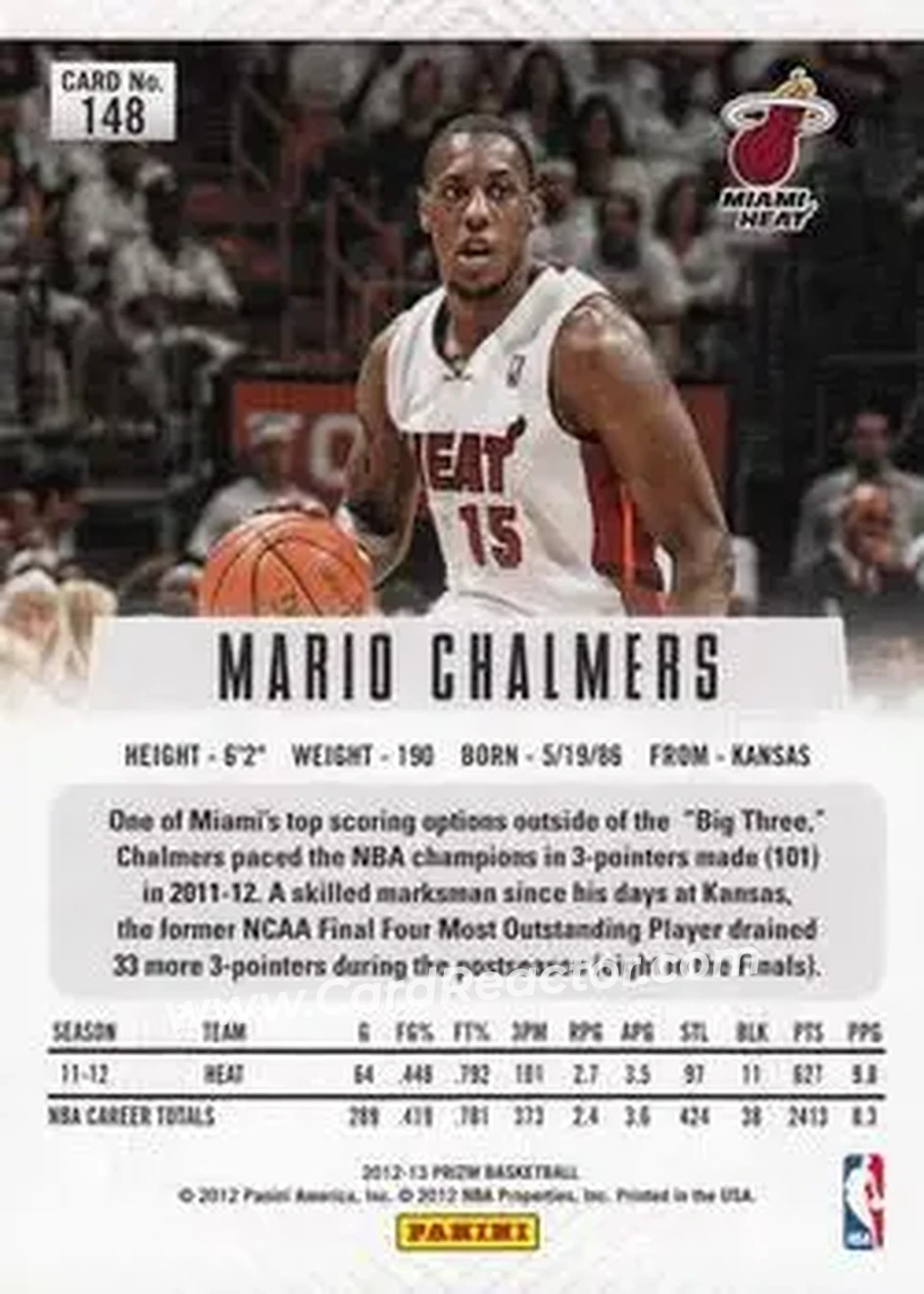 2012-13 Panini Prizm #148 - Mario Chalmers - Miami Heat - Back