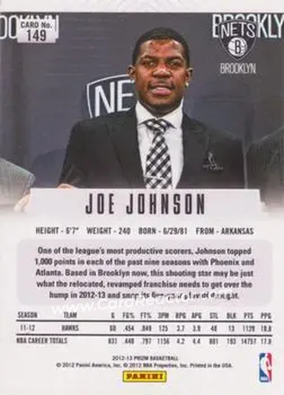 2012-13 Panini Prizm #149 - Joe Johnson - Brooklyn Nets - Back