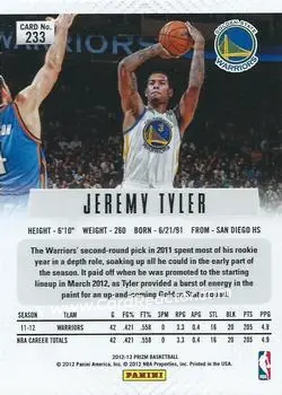 2012-13 Panini Prizm #233 - Jeremy Tyler - Golden State Warriors - Back