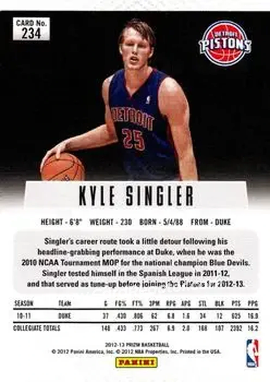 2012-13 Panini Prizm #234 - Kyle Singler - Detroit Pistons - Back