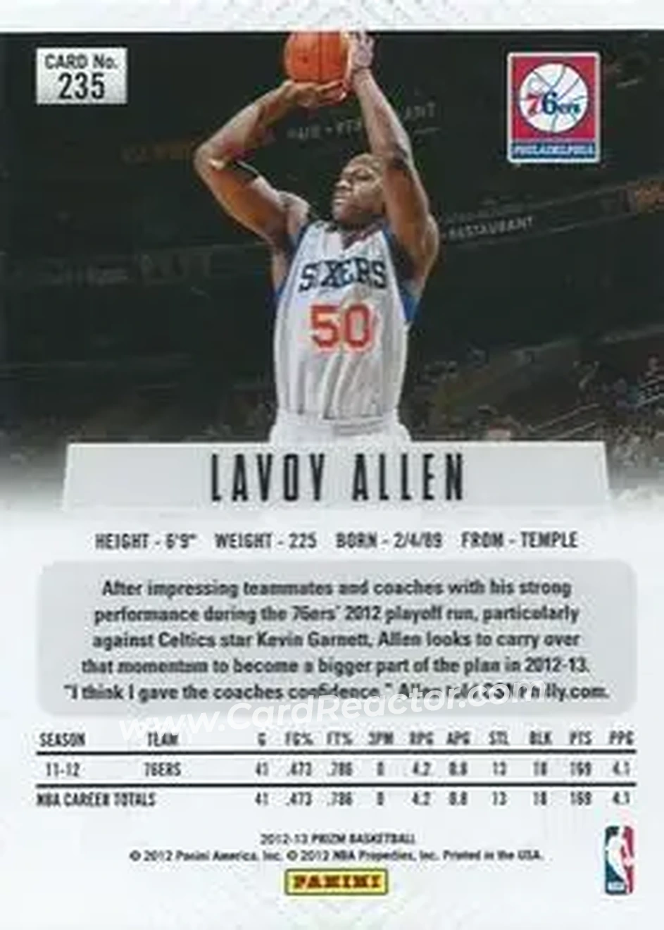 2012-13 Panini Prizm #235 - Lavoy Allen - Philadelphia 76ers - Back 2012-13 Panini Prizm #235 - Lavoy Allen - Philadelphia 76ers - Back