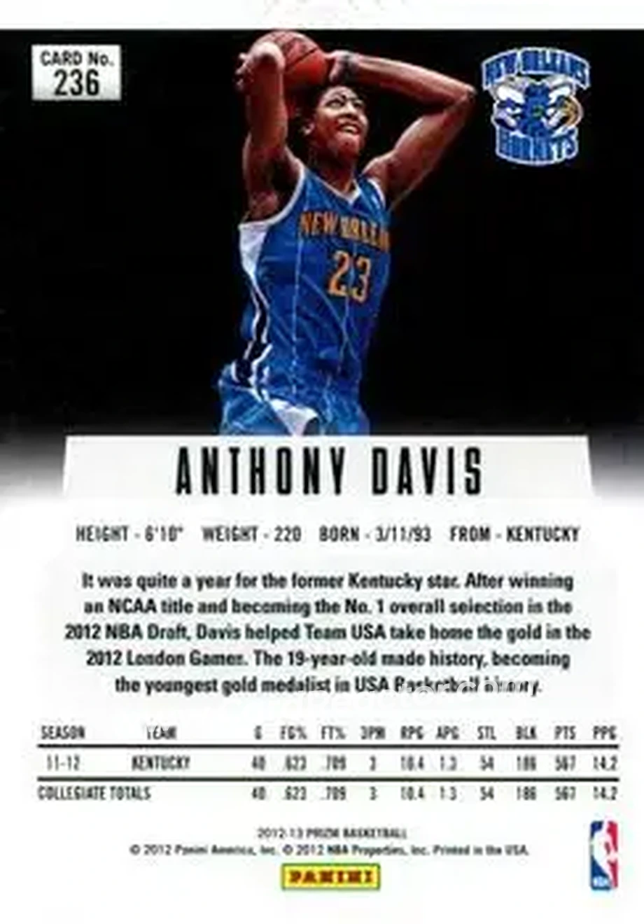 2012-13 Panini Prizm #236 - Anthony Davis - New Orleans Hornets - Back 2012-13 Panini Prizm #236 - Anthony Davis - New Orleans Hornets - Back
