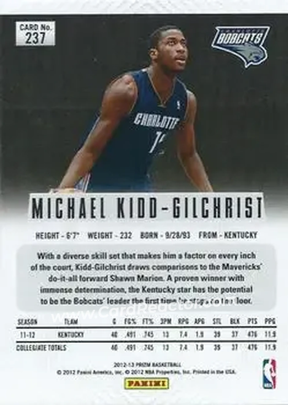 2012-13 Panini Prizm #237 - Michael Kidd-Gilchrist - Charlotte Bobcats - Back
