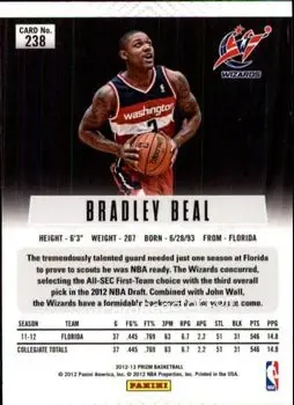 2012-13 Panini Prizm #238 - Bradley Beal - Washington Wizards - Back 2012-13 Panini Prizm #238 - Bradley Beal - Washington Wizards - Back