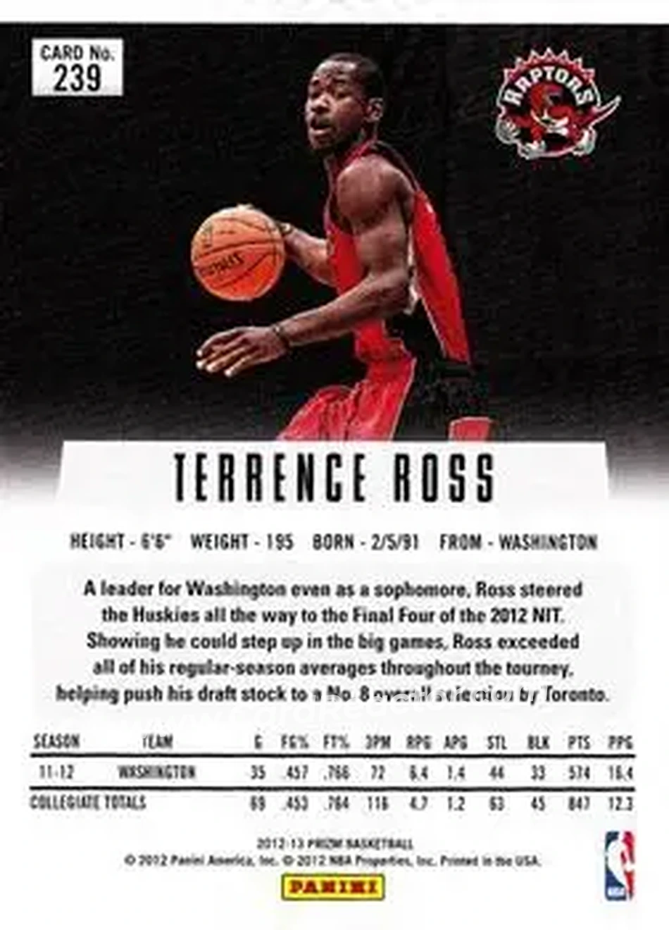 2012-13 Panini Prizm #239 - Terrence Ross - Toronto Raptors - Back