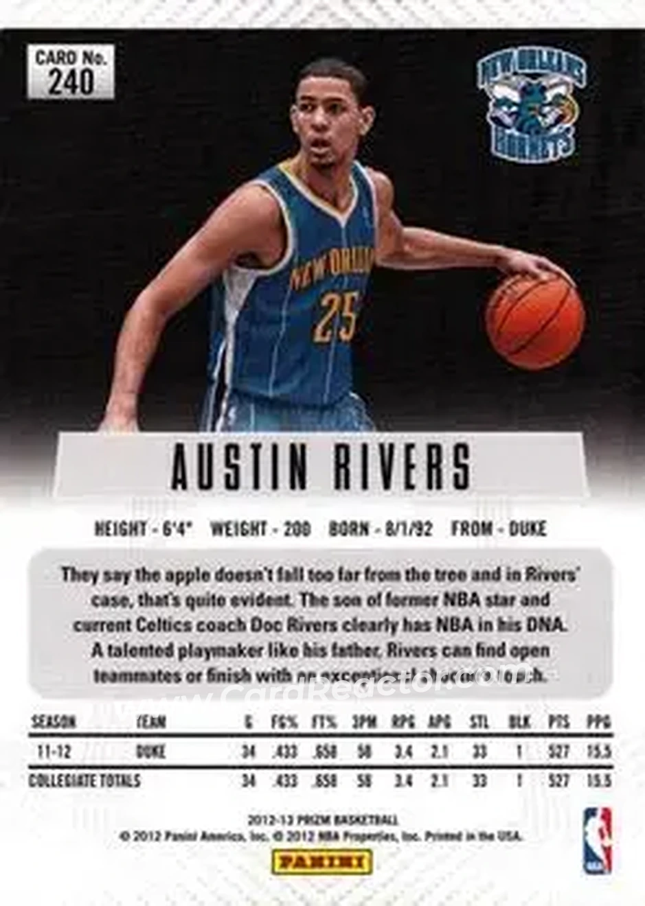 2012-13 Panini Prizm #240 - Austin Rivers - New Orleans Hornets - Back 2012-13 Panini Prizm #240 - Austin Rivers - New Orleans Hornets - Back