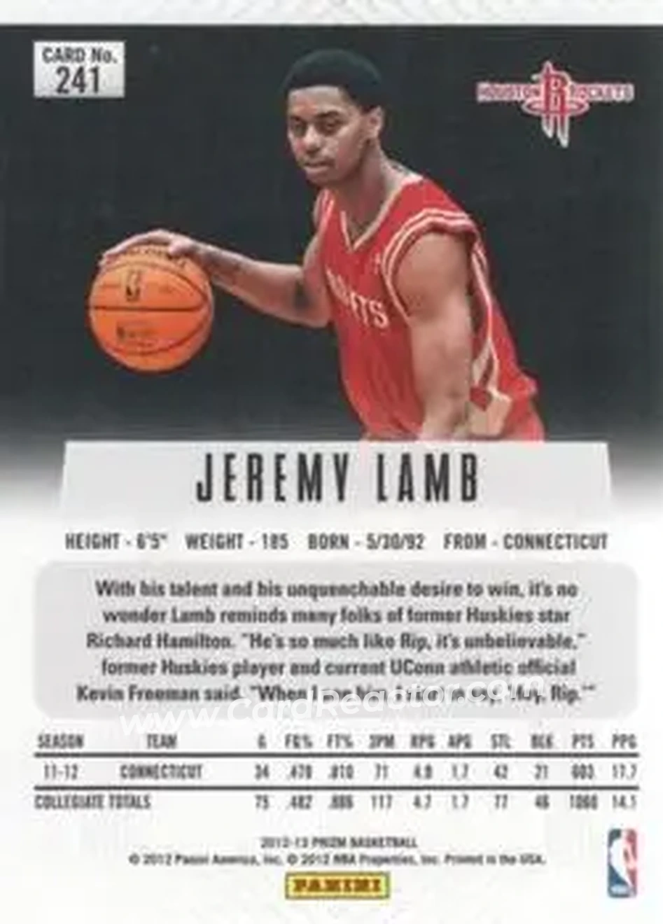 2012-13 Panini Prizm #241 - Jeremy Lamb - Houston Rockets - Back