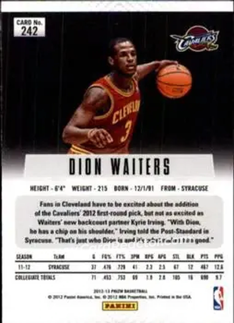 2012-13 Panini Prizm #242 - Dion Waiters - Cleveland Cavaliers - Back 2012-13 Panini Prizm #242 - Dion Waiters - Cleveland Cavaliers - Back