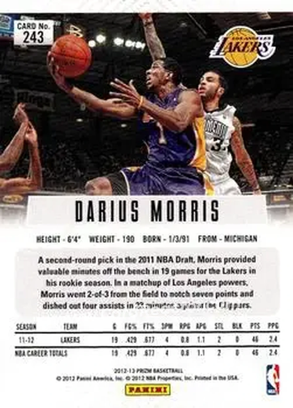 2012-13 Panini Prizm #243 - Darius Morris - Los Angeles Lakers - Back