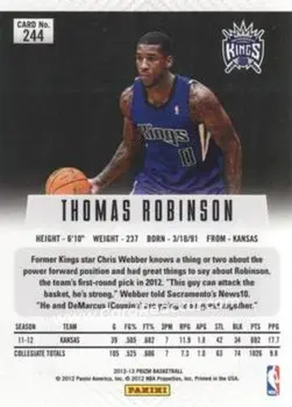 2012-13 Panini Prizm #244 - Thomas Robinson - Sacramento Kings - Back