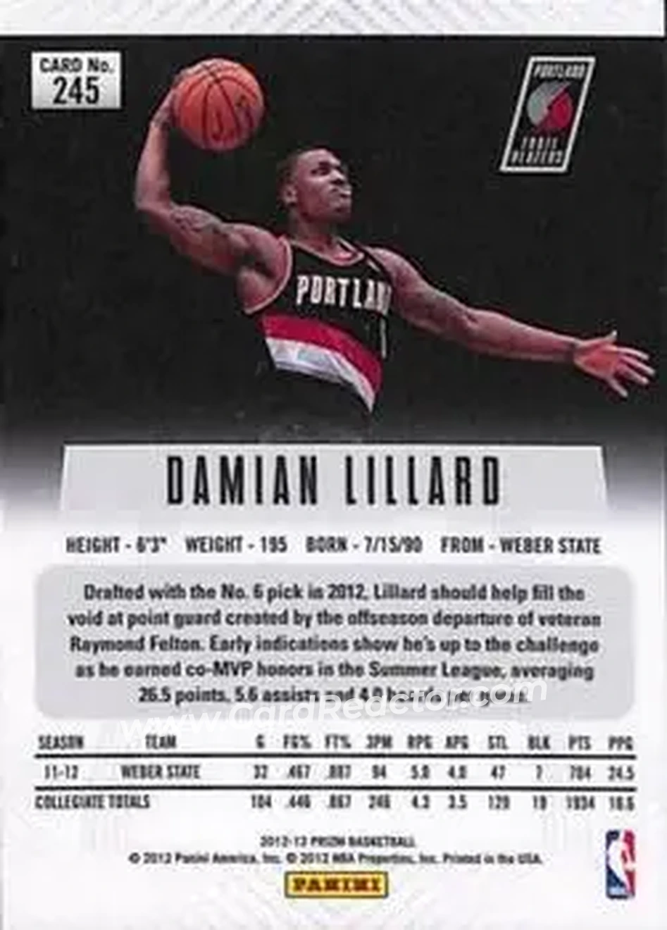 2012-13 Panini Prizm #245 - Damian Lillard - Portland Trail Blazers - Back