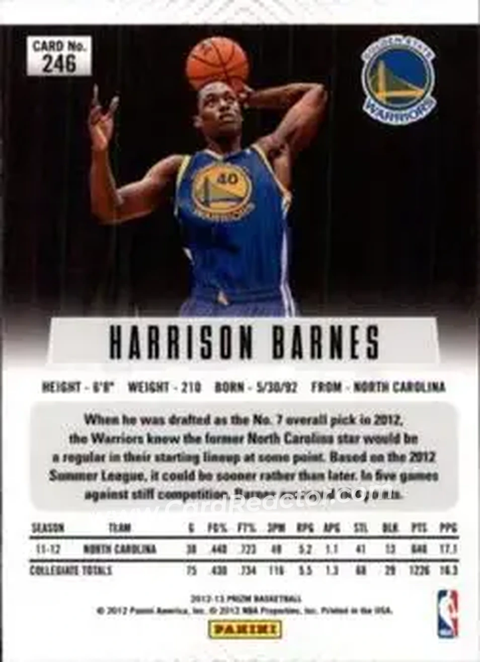 2012-13 Panini Prizm #246 - Harrison Barnes - Golden State Warriors - Back