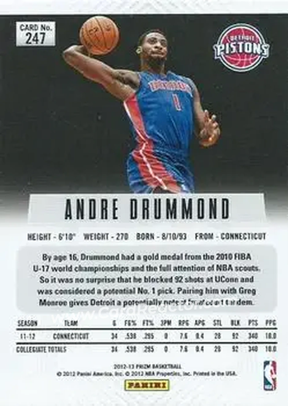 2012-13 Panini Prizm #247 - Andre Drummond - Detroit Pistons - Back
